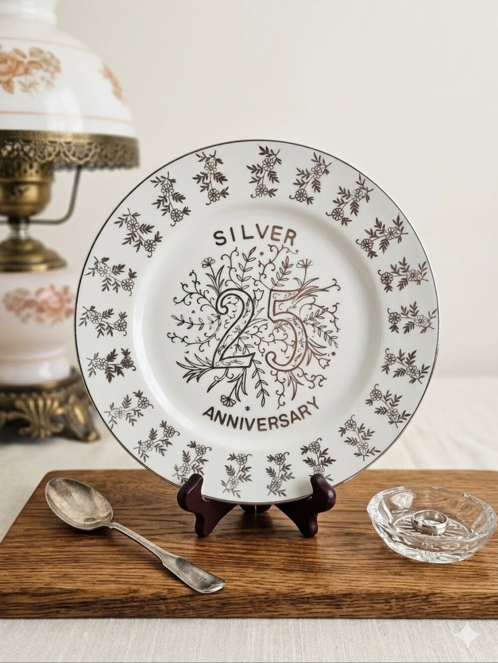 Vintage 25th Silver Anniversary Plate Japan Floral Commemorative